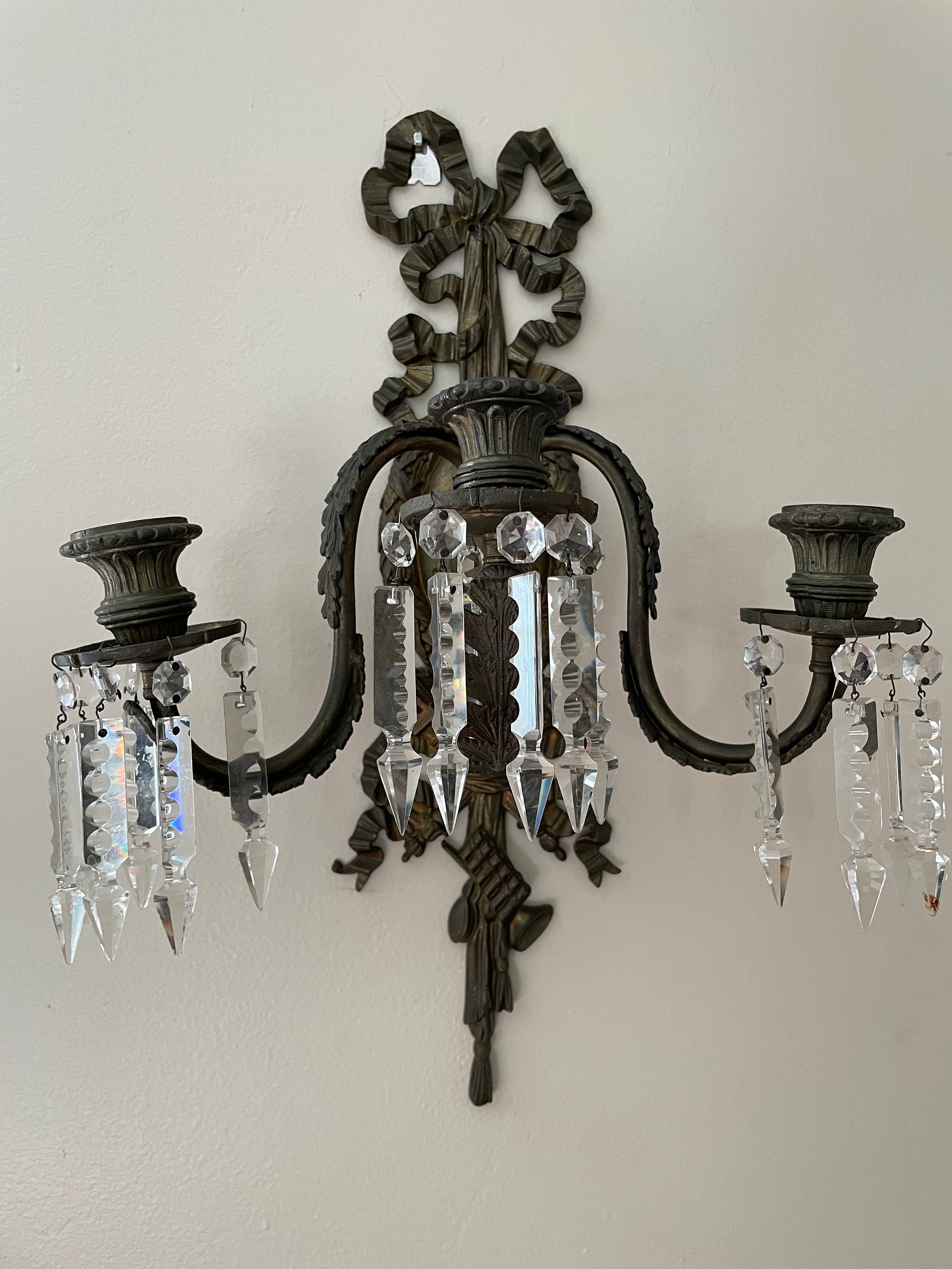 Pair of Antique 19th Century French Bronze Cut Crystal Prism 3 Arm Candlestick Wall Sconces Candelabra