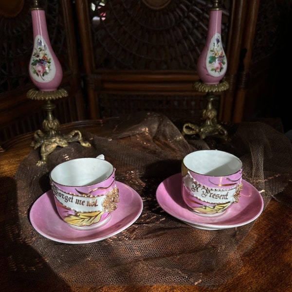 Pair of Antique Victorian Collectible Pink Luster  Gold Tea cup and Saucer 1890s Poinsettia Souvenir Made in Germany