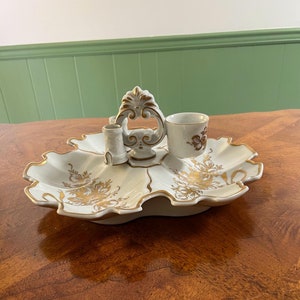 Vintage Hand Painted Porcelain Vanity Tray Rococo Style Handle Floral Design Gold Trim Brush Holder Cup Elegant Victorian Bathroom Decor