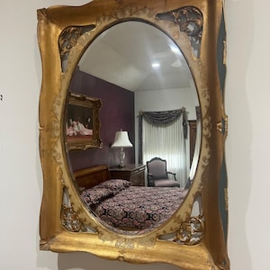 Vintage Gold Green Beveled Mirror Ornate Antique Baroque Rococo Style Wall Mirror Decorative Frame Elegant French Inspired Design Piece
