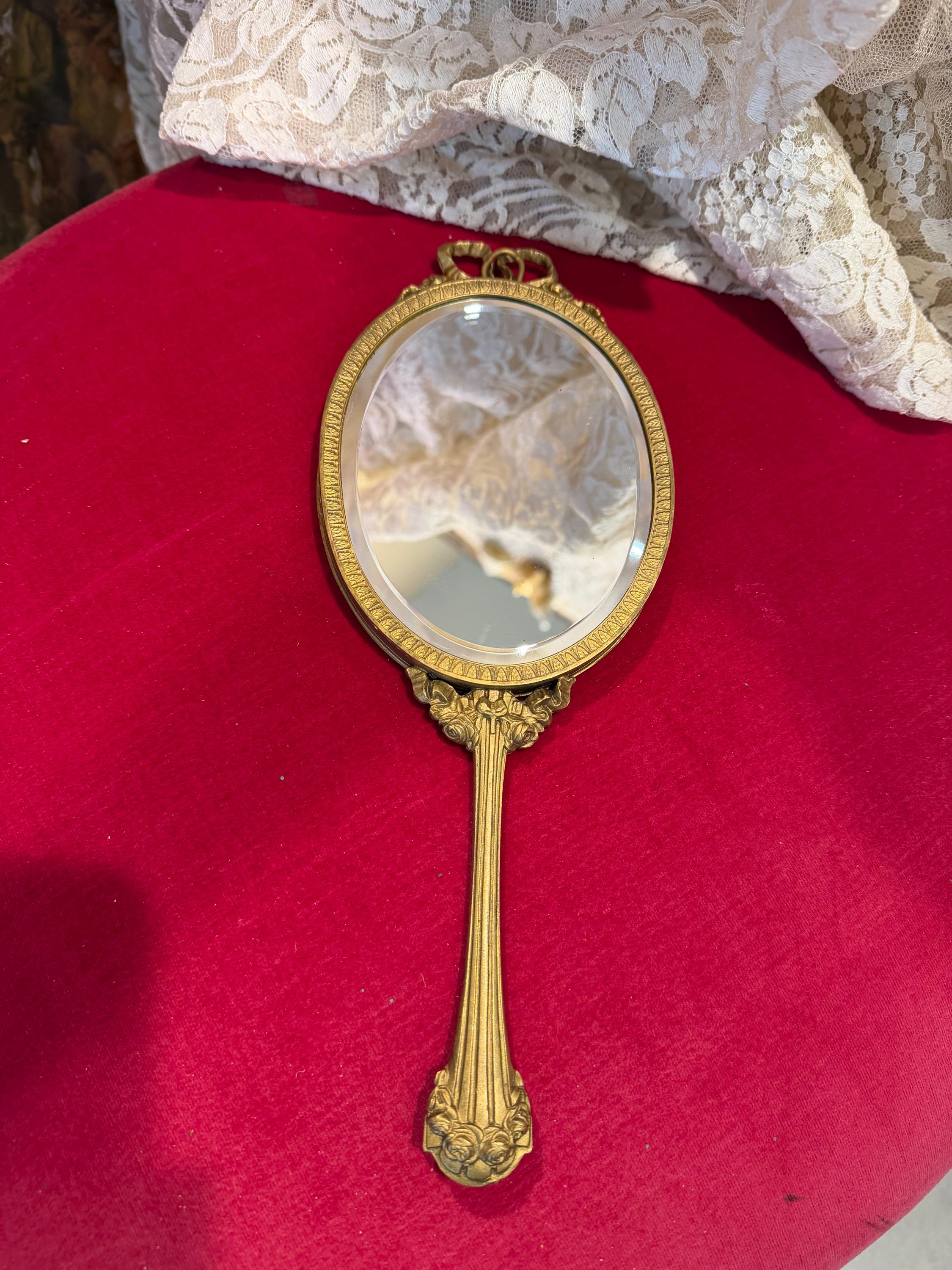 Victorian Style Brass Hand Mirror, Marie Antoinette Portrait
