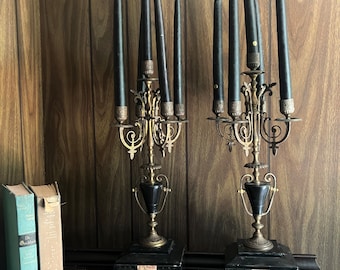 Antique Bronze Black Marble Five Light Candelabra Pair Empire Style Classical Urn Shape Candle Holders Home Decor Regency French Accent