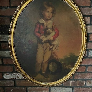 Vintage Oval Framed Portrait Of A Young Boy Holding A Puppy Artwork By Devis Cameo Creation Wall Hanging Antique Style Gold Frame Decoration