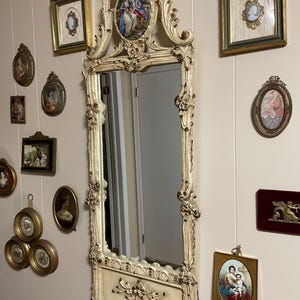 Antique French Rococo Mirror Large Hand Painted Porcelain Plaque Gilt Carved Wood Frame Ornate Wall Mirror Vintage French Home Decor