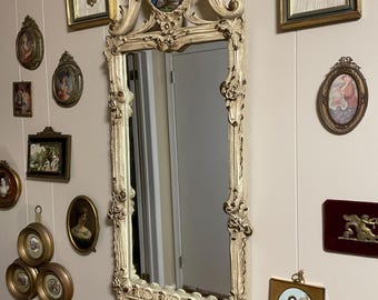 Antique French Rococo Mirror Large Hand Painted Porcelain Plaque Gilt Carved Wood Frame Ornate Wall Mirror Vintage French Home Decor
