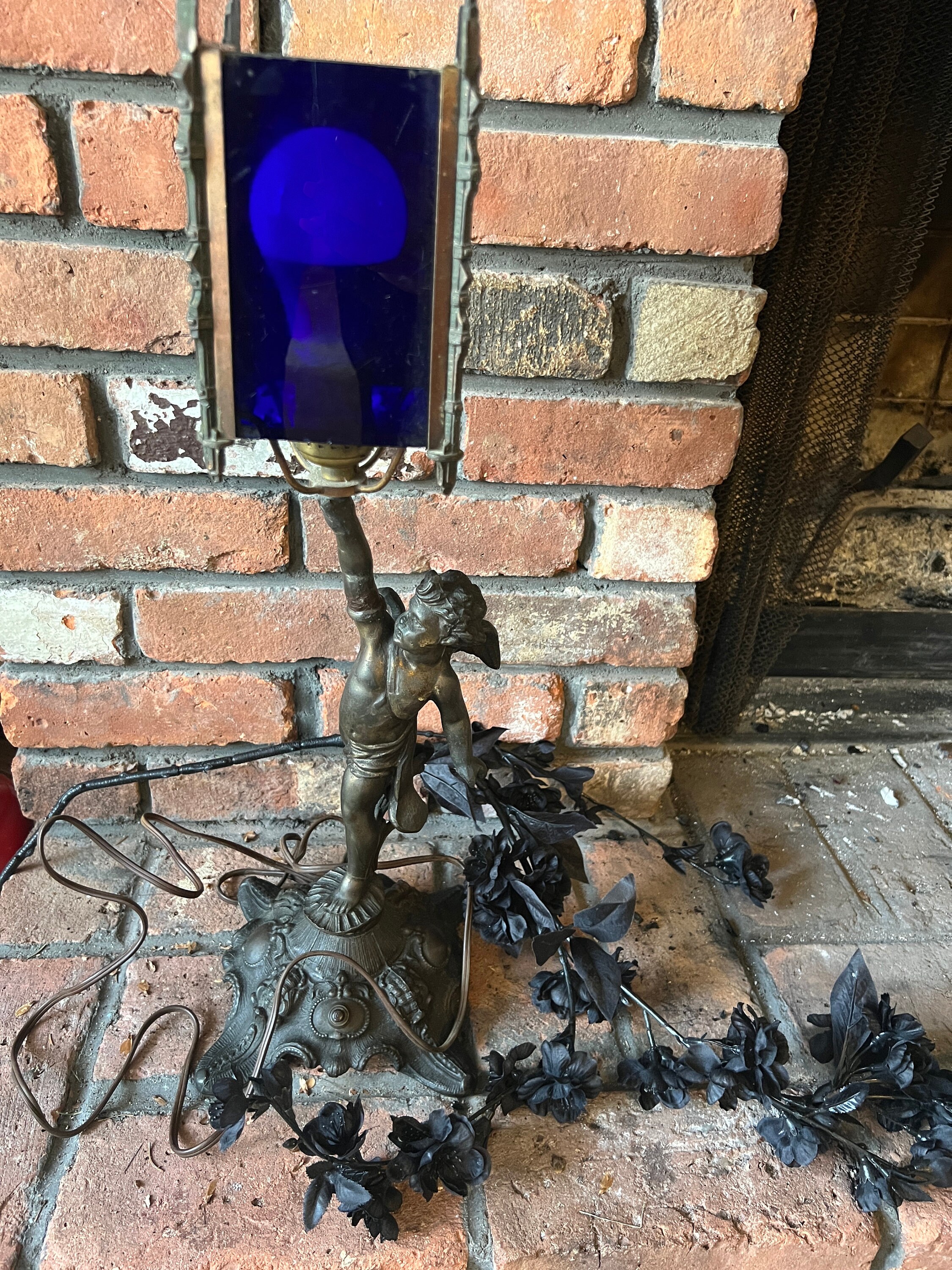 Antique Metal Art Deco Winged Cherub Table Light With Cobalt Etsy