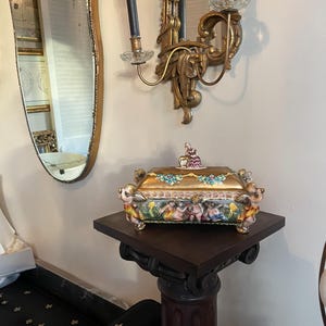 Antique Capodimonte Hand Painted Ceramic Jewelry Box  Cherubs Floral Details Golden Lid Collectible Elegant Home Decoration Made In Italy