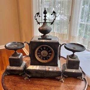 Antique French Marble Clock Set Victorian Black Slate Bronze Ormolu Mantelpiece Decorative Vintage Clock Collectible Centerpiece Rare Gift