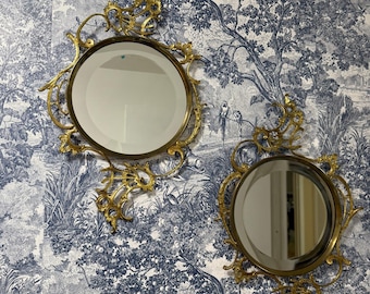 Vintage Pair of Gold Ornate Round Wall Mirrors, Baroque Rococo Revival Brass Frames, Hollywood Regency Vanity Entryway Decorative Accent Set