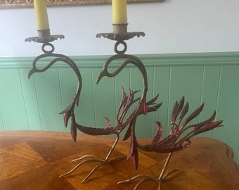 Pair of Rare Rooster Form Metal Candlesticks Red