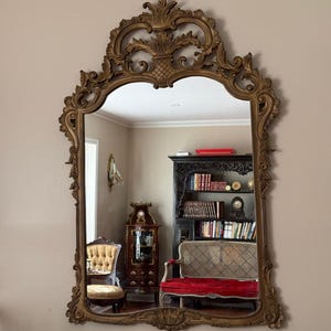 Vintage French Ornate Wood Framed Mirror Baroque Style Intricate Elegant Decorative Wall, Elegant Mirror   Gold Gilt Rococo Hanging Mirror