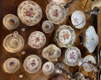 Vintage German Porcelain Reticulated Plates Bowls Tea Cup Set Hand Painted Floral Gilded China Collection Elegant Table Display Decor