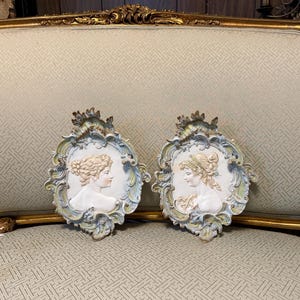 Vintage Französisches Paar Porzellan Dame Portrait Wand Kunst Dekoration Porzellan Wand Plaques Viktorianische Cameo Relief Kunst Verzierte Rokoko Kunst