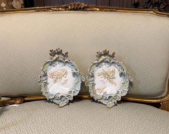 Vintage French Pair of Porcelain Lady Portrait Wall Art Home Decoration Porcelain Wall Plaques Victorian Cameo Relief Art Ornate Rococo Art