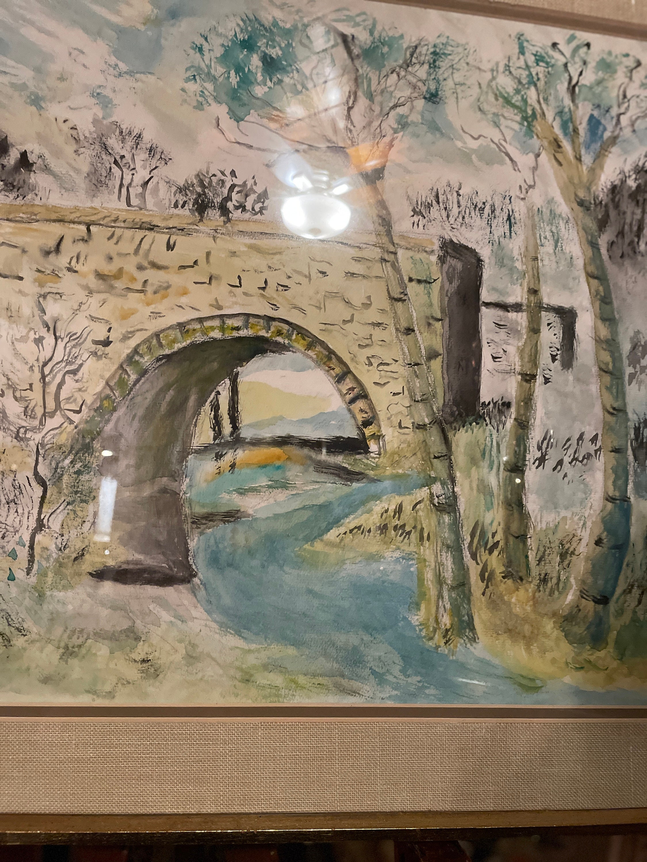 ヴィンテージ額入り水彩画：石橋、田園風景 - Etsy 日本