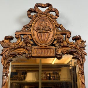 Tall Narrow Vintage French Louis XVI Wall Mirror Ornate Brown and Gold Carved Frame Entryway Mirror image 3
