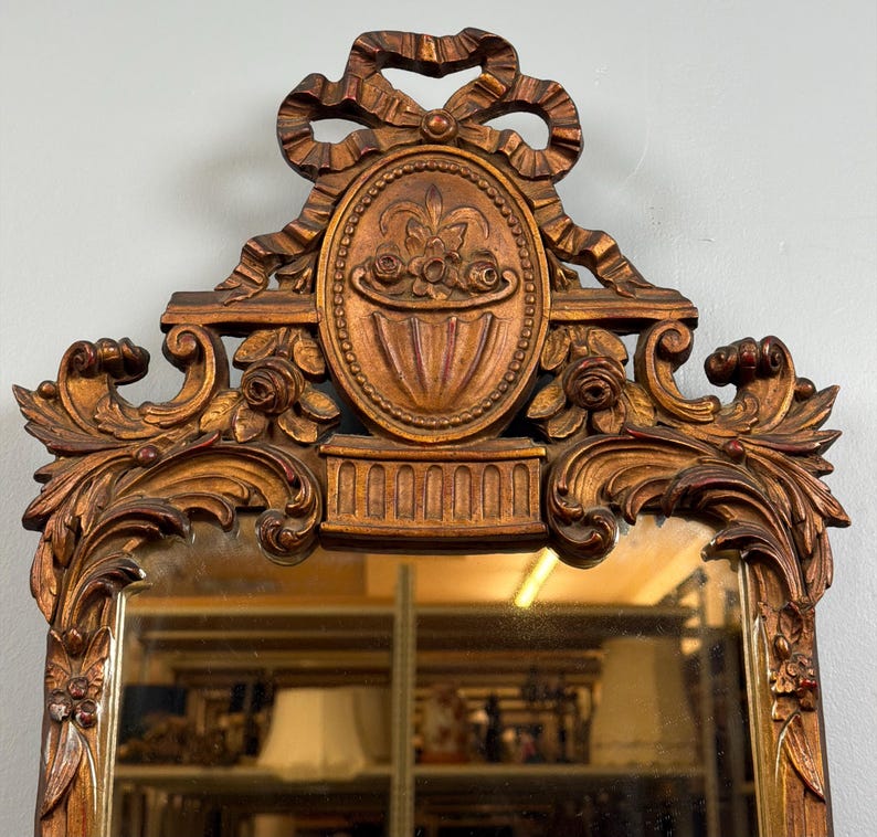 Tall Narrow Vintage French Louis XVI Wall Mirror Ornate Brown and Gold Carved Frame Entryway Mirror image 3