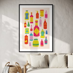 May include: A colourful illustration of various condiment bottles and jars, including ketchup, mustard, hot sauce, mayonnaise, and pickles. The illustration is set against a light pink background and framed in black.