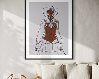 Könnte beinhalten: Eine Schwarzweißillustration einer Frau, die einen weißen Cowboyhut, ein rotes Korsett und einen weißen Rock trägt. Der Hintergrund ist hellgrau.