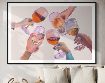 Può includere: Un dipinto che raffigura sei bicchieri di vino pieni di vino rosso e bianco, alzati in un brindisi. I bicchieri sono tenuti da mani invisibili, creando un'atmosfera festosa.