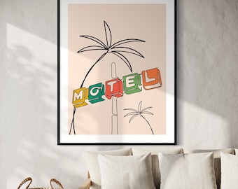 Impresión de boceto de letrero de motel retro - Impresión de motel de neón estilo años 70