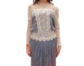 Vintage 1980s Jessica McClintock Periwinkle Ombre Drop Waist Midi Dress with Cream Lace Details