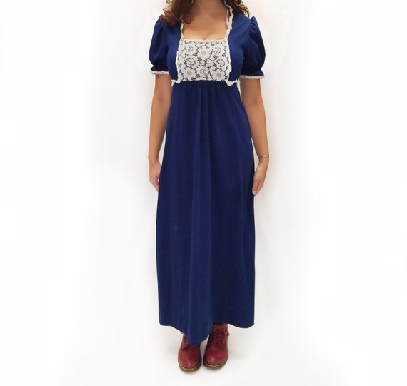 Vintage 1970s Navy Empire Waist Peasant Maxi Dress