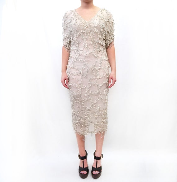 Vintage Cream Pearl Beaded Dress with Keyhole Back
