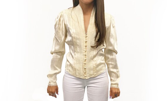Vintage 1970s Gunne Sax Synthetic Satin Blouse wit