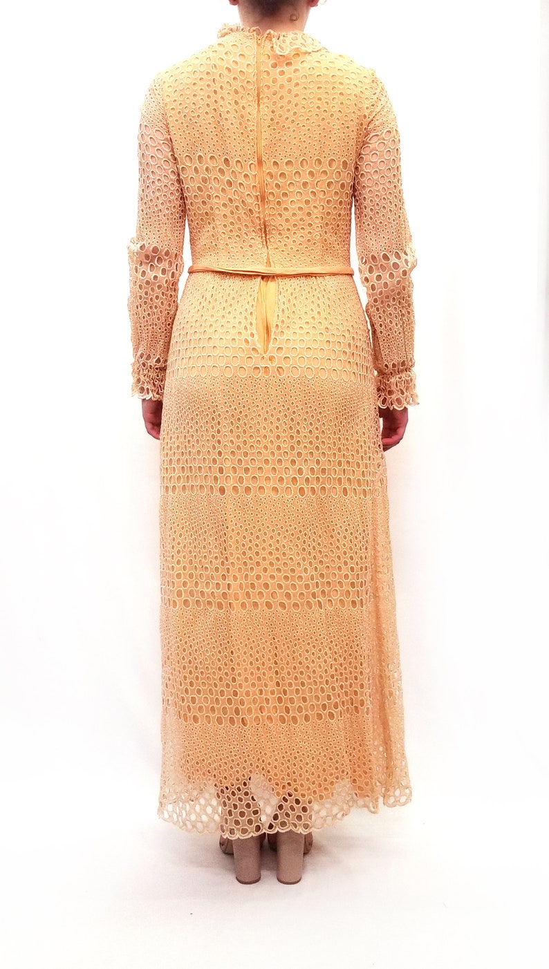 Vintage 1970s Peach Circle Eyelet Maxi Dress with Bow Tie Belt