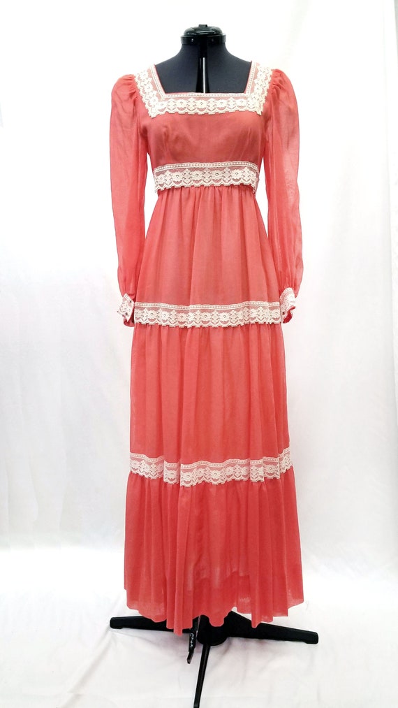 Vintage 1970s Coral Lace Peasant Maxi Dress