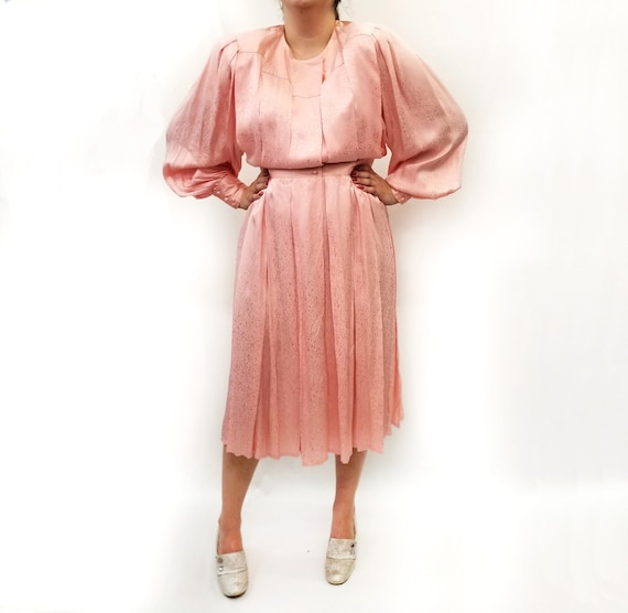 Vintage 1980s Pink Silk Jacquard Day Dress