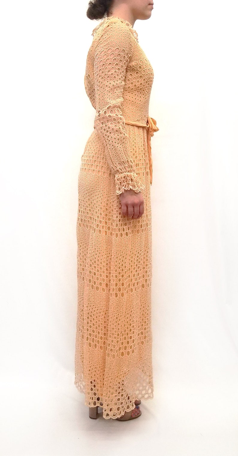 Vintage 1970s Peach Circle Eyelet Maxi Dress with Bow Tie Belt