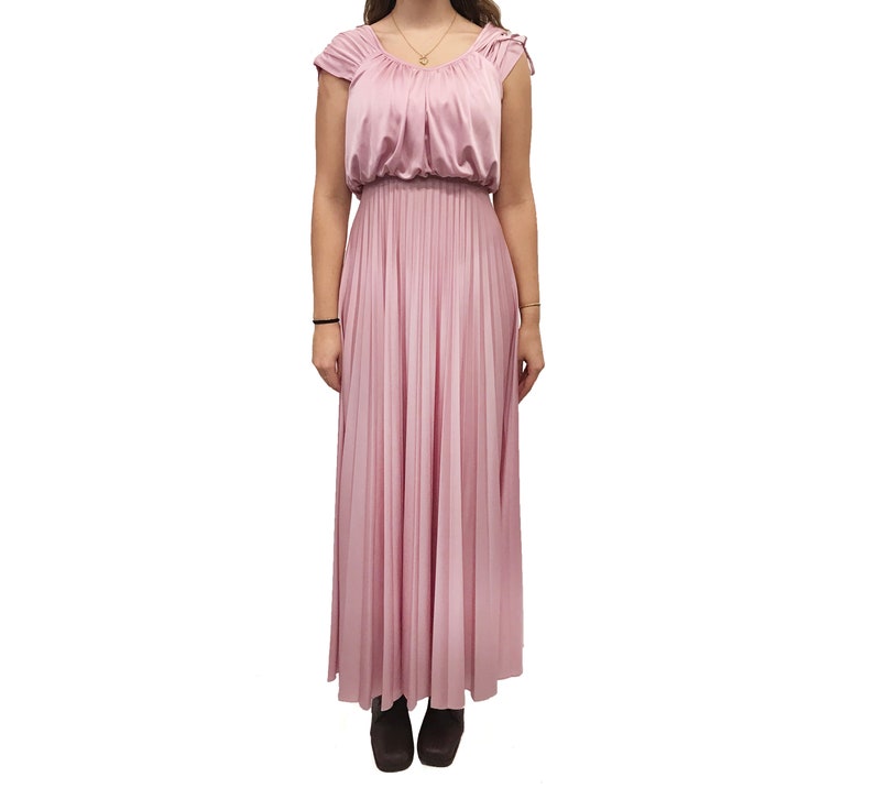 Vintage 1970s Iridescent Pink Maxi Gown with Ruching Details