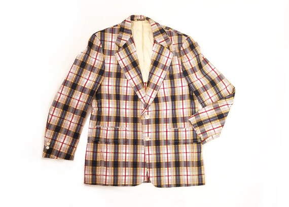 Vintage 1970s Navy, Red, and Mustard Plaid Men’s S