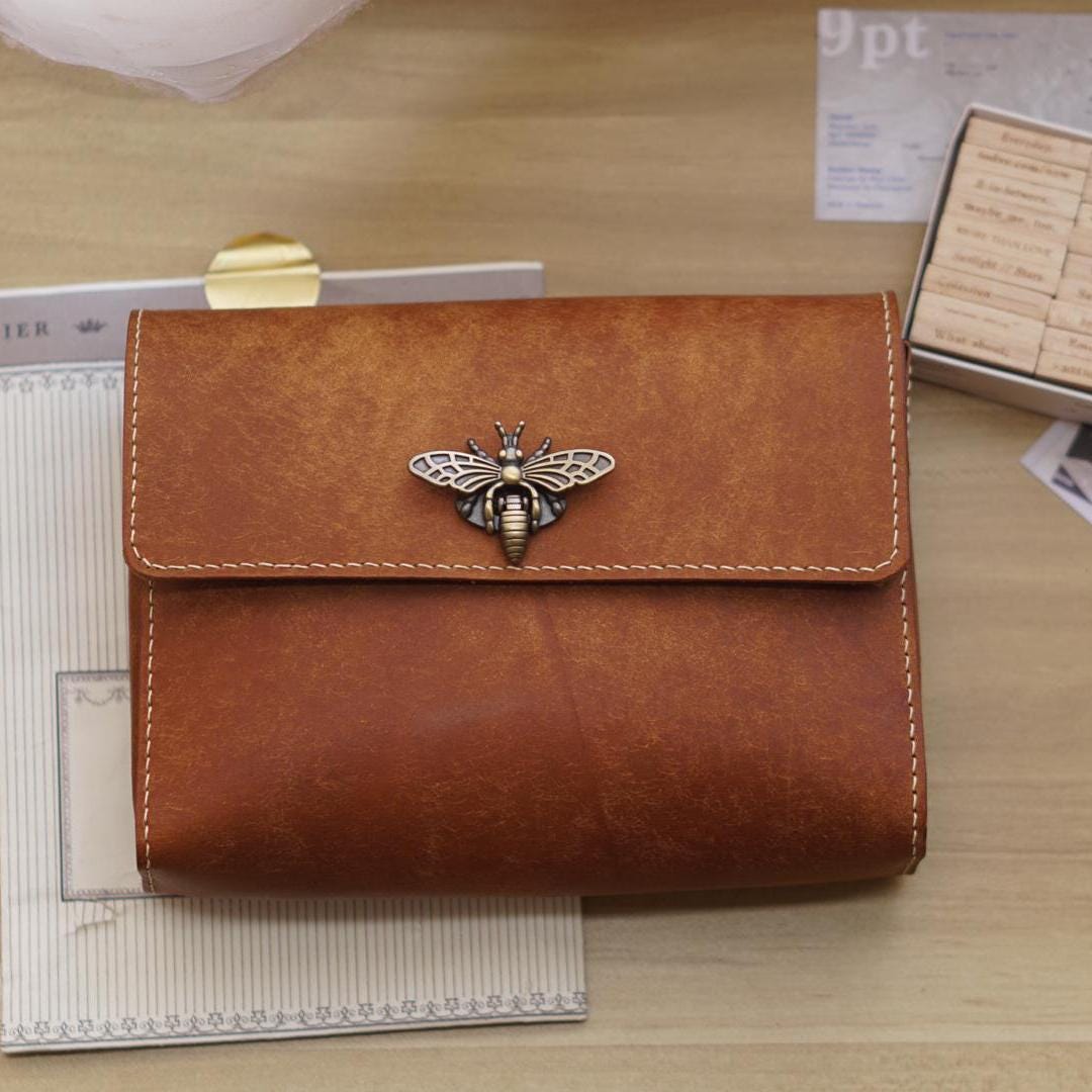 A6 Journal Pouch Organizer, Leather Stationery Case With Bee