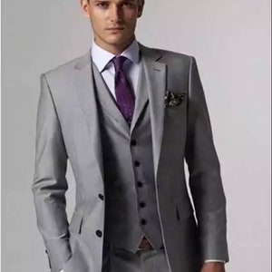 Solid Grey 3-piece Suits, Grey Pants Suits With Blazer, Waistcoat