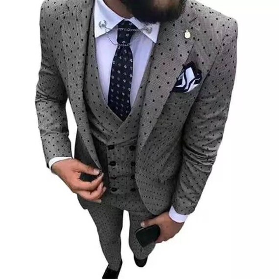 Men's grey polka 3 piece suits with waistcoat and blazer. | Etsy