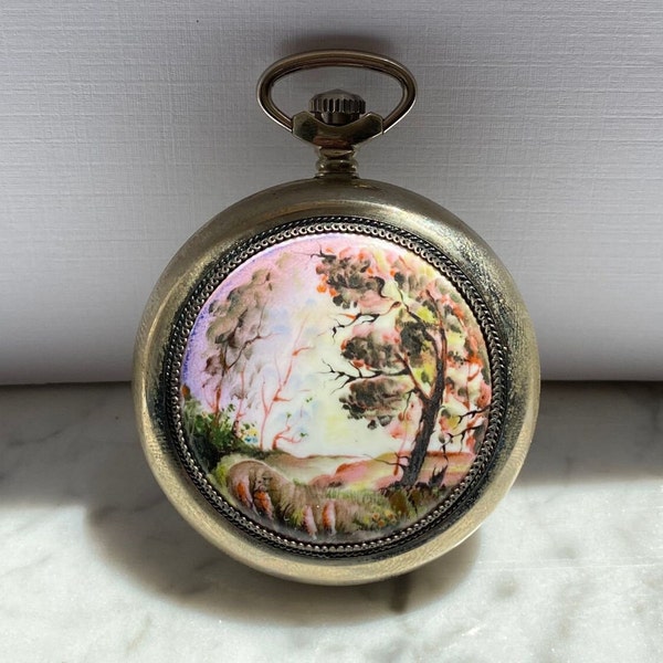 Pocket Watch and Chain, Open-Faced Vintage Hand-Painted - 50mm Dia. (Each with its Own Unique Design)