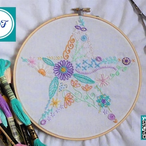 PDF Flower star, traditional embroidery pattern, PDF pattern + YouTube video tutorial, hand embroidery, beginner embroidery, modern embroidery