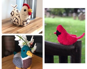 Crochet Pattern Bundle - Original Large Chicken Duck Cardinal Bird  Pattern -African Flower Crochet -Fun to make-PDFDigital Download-Instant