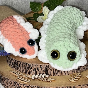 May include: Two crocheted plush slug toys, one pink and one green, with white trim and large black eyes. The pink slug is in a brown paper pot and the green slug is on a wooden surface.