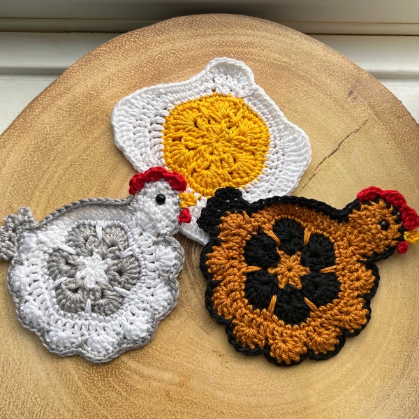 Crochet chicken coaster, pattern, pdf, egg and chicken coaster, mug coaster