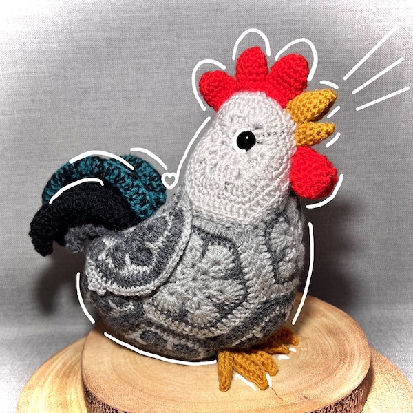 Crochet Reggie Rooster chicken  pattern - African flower crochet - cockerel cock - pdf digital - unique gift - festive - country - farm