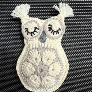 May include: Handmade crochet owl in cream, gray, and white. The owl has closed eyes, a gray beak, and decorative fringe on top. The owl's body is a mix of cream and gray crochet patterns.