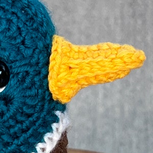 May include: Close-up of a crocheted duck toy with a teal head and a yellow beak. The duck is wearing a white crocheted collar.