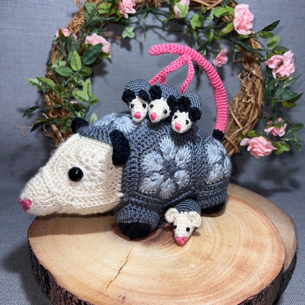 Crochet Pattern Blossom the Opossum and babies, possum toy, crochet pdf, make your own opossum, African flower crochet pdf of opossum doll