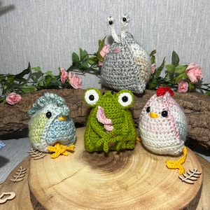 Crochet patterns Trianimal Bundle  Frog, Mouse, 2 x Chickens and a Snail, easy and fun to make - PDF digital download - Perfect Gift to make