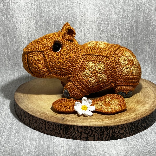Crochet pattern, Clara the Capybara, pdf  to make an African flower shape toy.  Fun to make, intermediate level pattern.  Free crochet guide