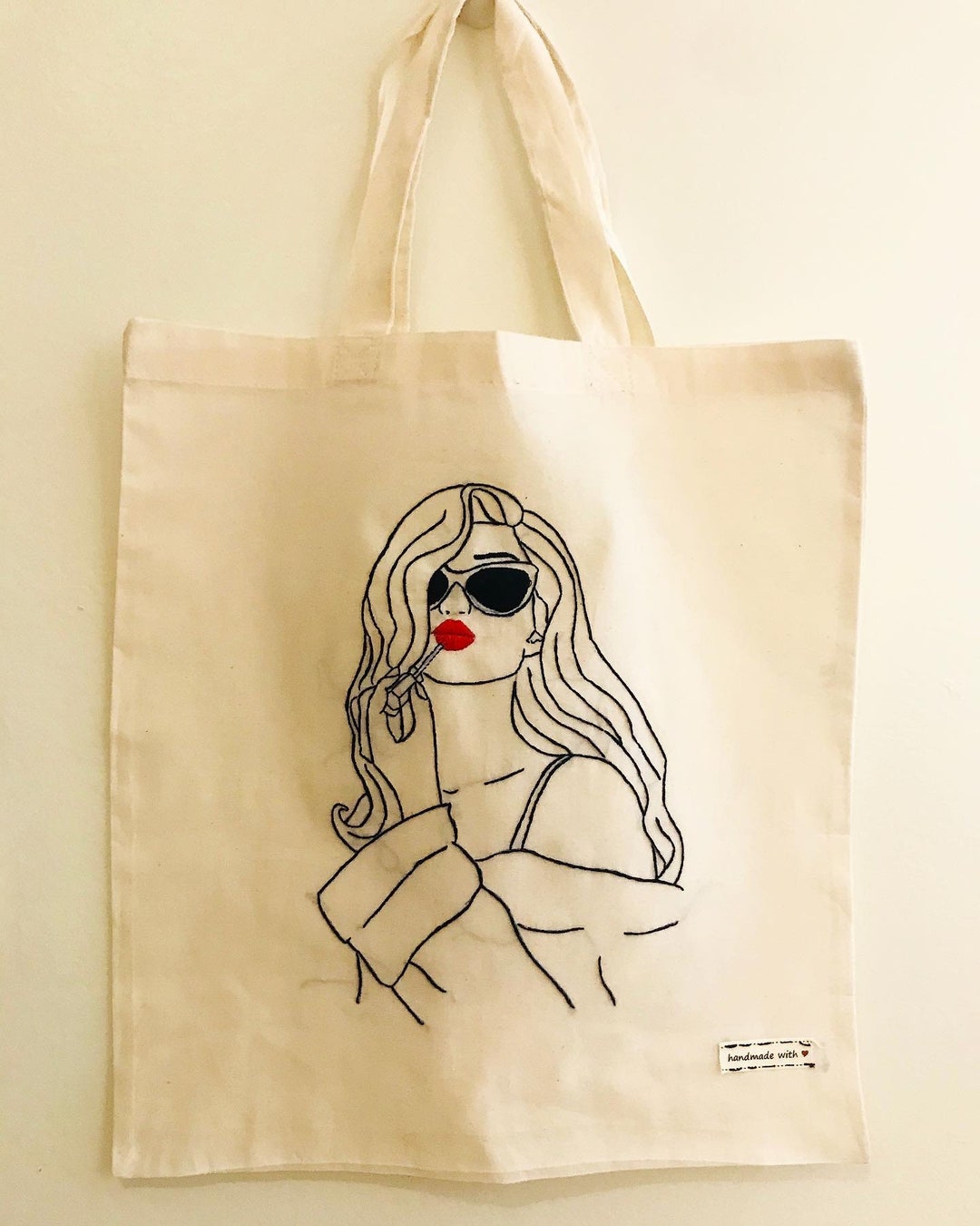 Hand Embroidered Girl Illustration Red and Black Canvas Bag - Etsy